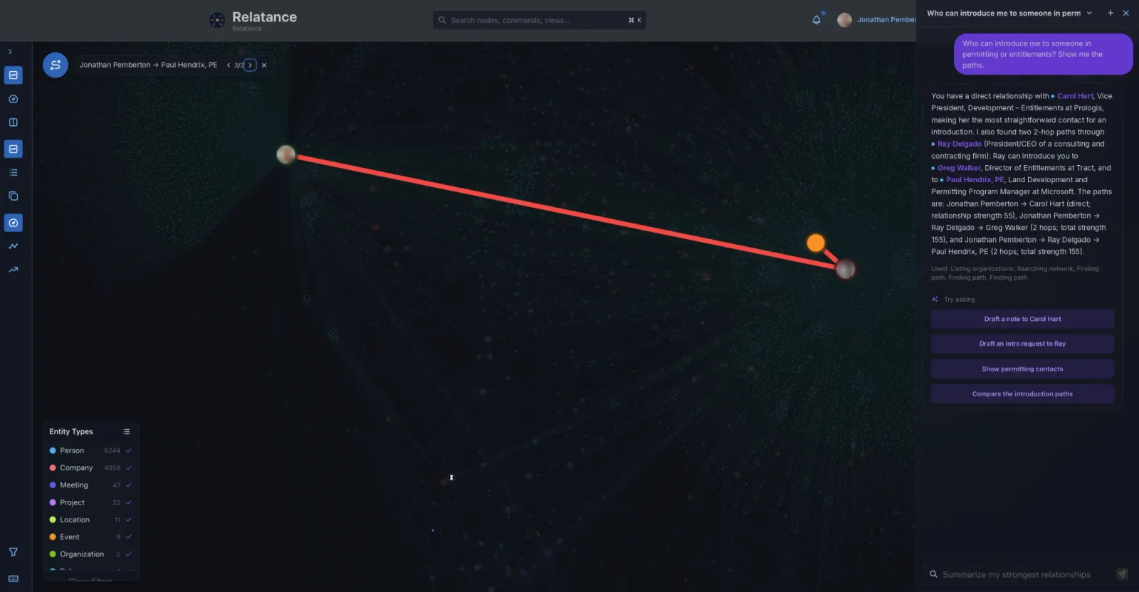 Orbit tracing an introduction path to a permitting and entitlements contact, beside Sava's answer: one direct relationship and two routes through a trusted connector.